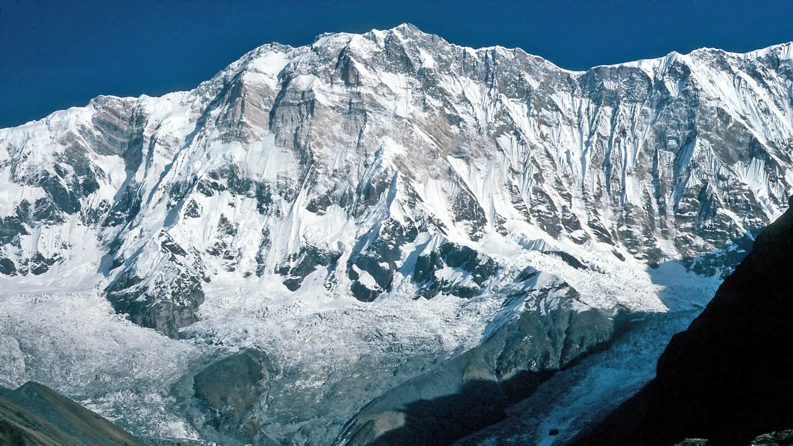 The snow-covered Annapurna I massif rising above the Nepal Himalaya