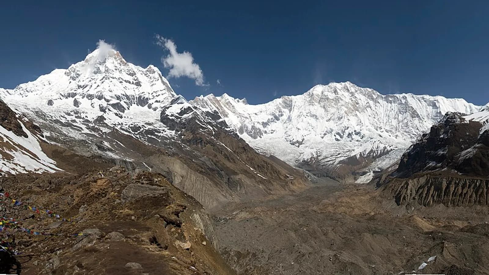 Snow-capped Annapurna Sanctuary peaks ringing the glacial valley at Annapurna Base Camp
