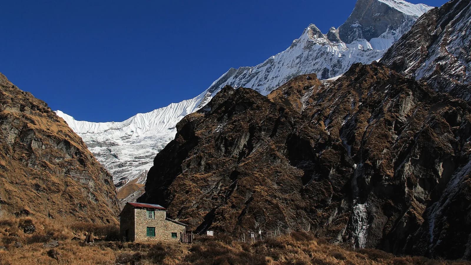 Panorama of the Annapurna Sanctuary with snow peaks ringing the high basin, the destination of an Annapurna helicopter tour