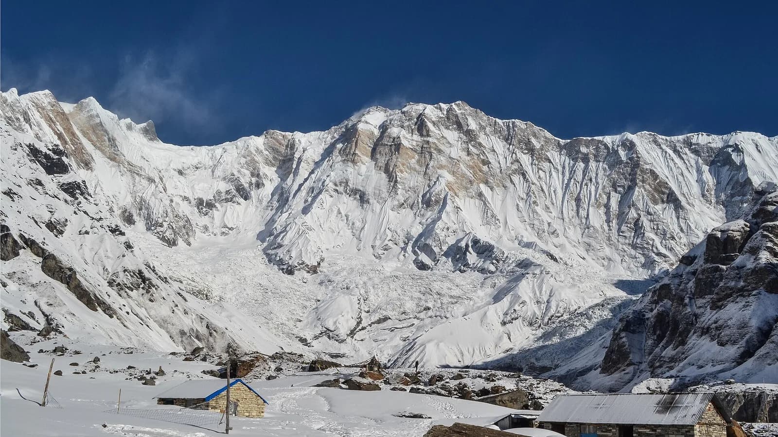 Snow-covered Annapurna I towering above ridgelines in the Nepal Himalaya