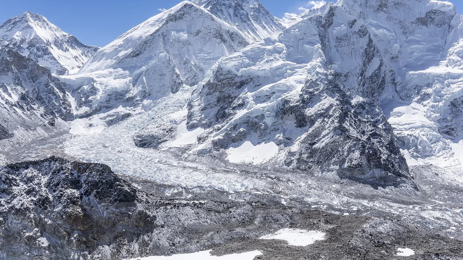 Mount Everest under a clear sky seen from the Kala Patthar viewpoint above Gorak Shep