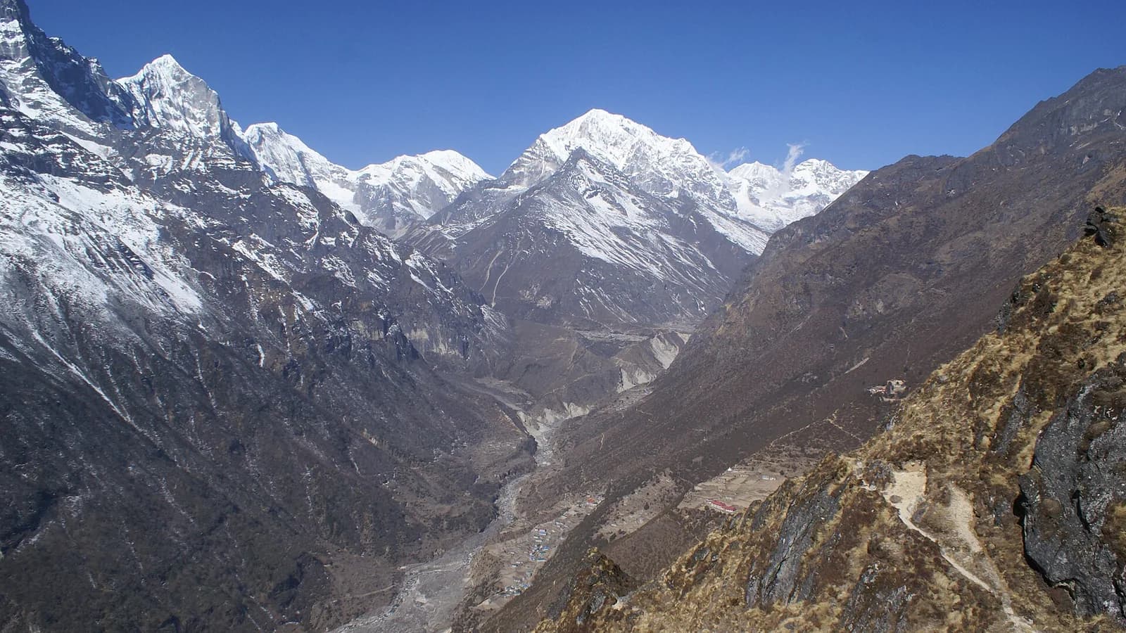The Bhote Koshi River flowing fast and green through a steep forested gorge in Nepal