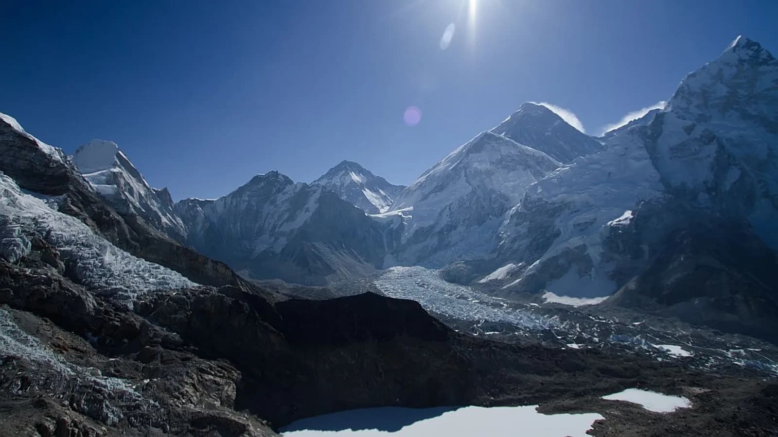 Trekkers on the trail between Gorak Shep and Pheriche in Sagarmatha National Park, with Himalayan peaks rising behind