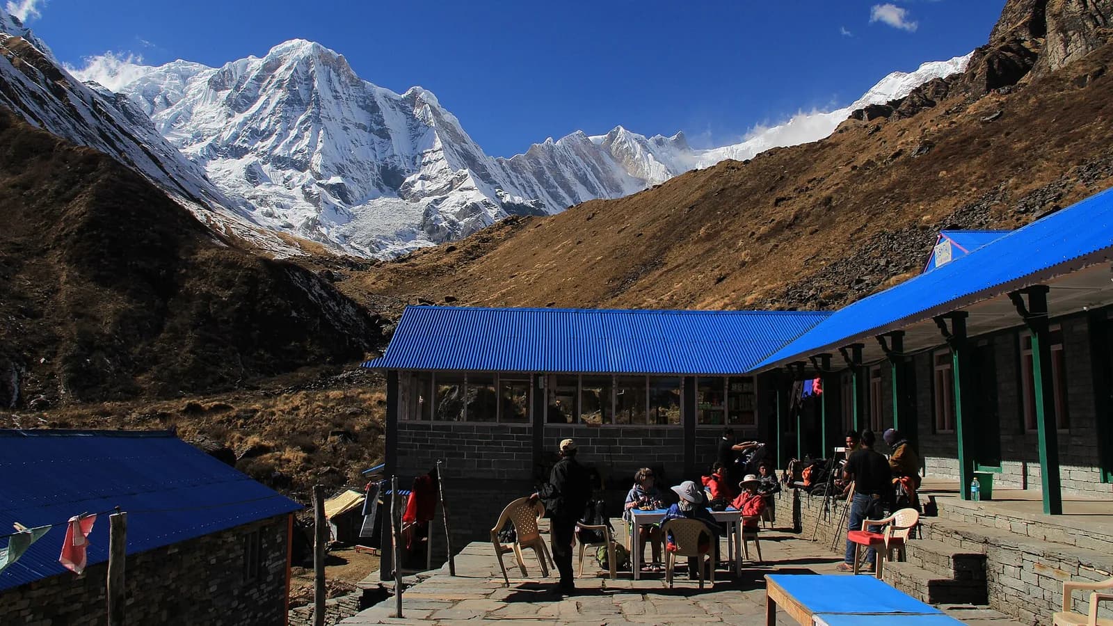 The fishtail summit of Machapuchare rising sharply above the green Annapurna foothills near Pokhara