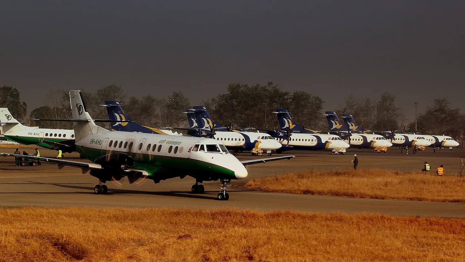 A Buddha Air ATR-72 turboprop aircraft on the tarmac in Nepal