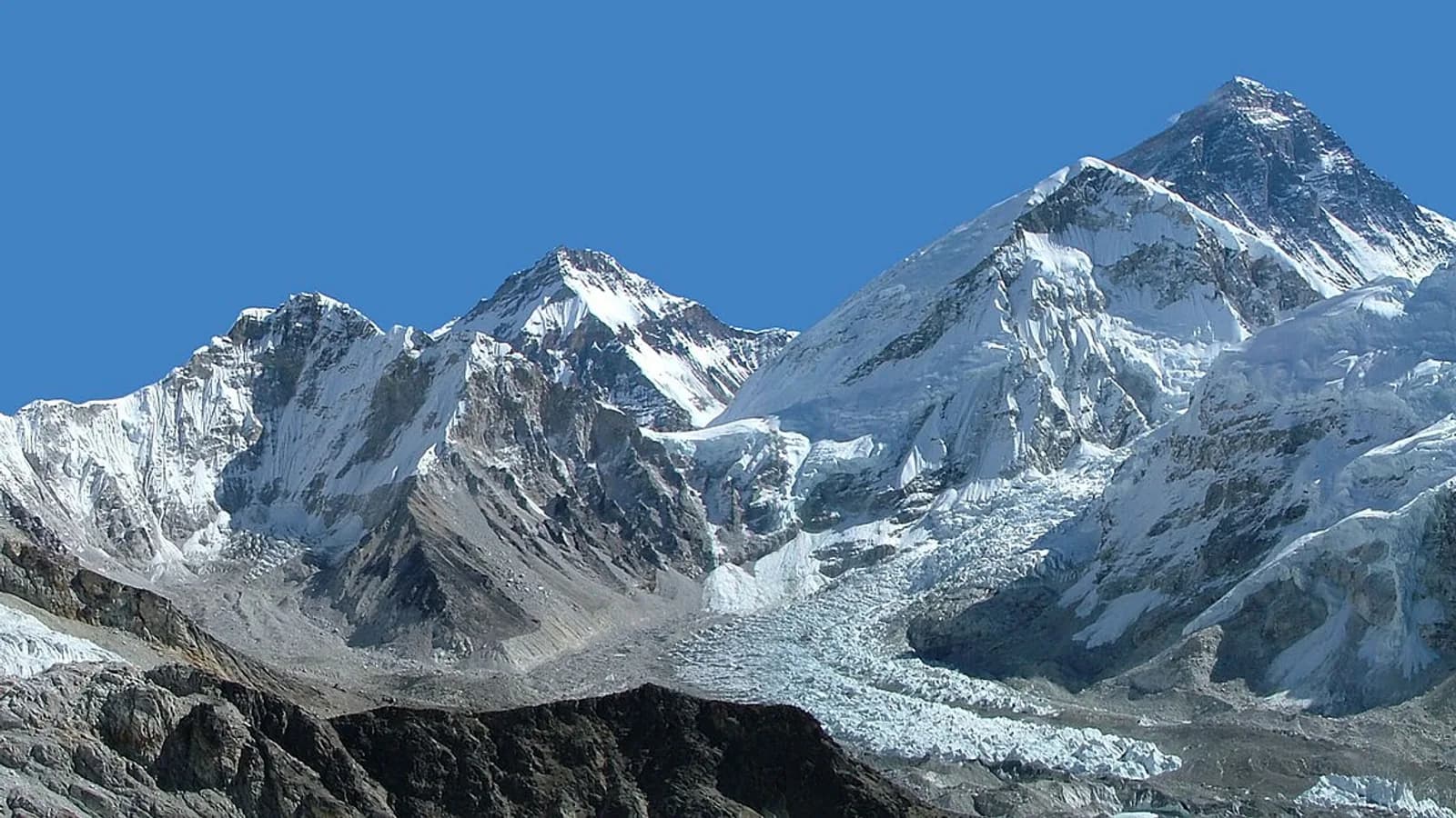 Panoramic view of Mount Everest and surrounding Himalayan peaks under a clear sky in Nepal's Khumbu region
