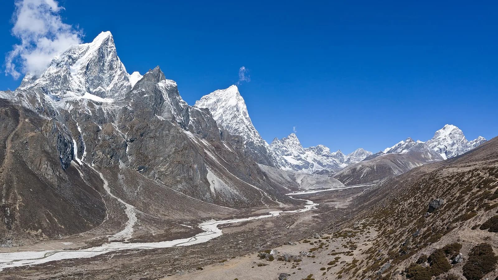 Snow-capped Himalayan peaks above the Pheriche valley in Nepal's Everest region