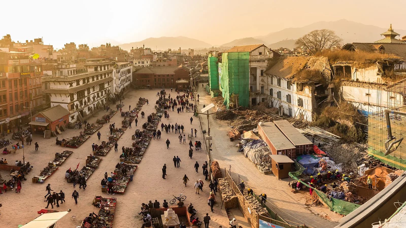 Tiered pagoda temples and old brick buildings around Basantapur Durbar Square, the plaza beside Freak Street in Kathmandu