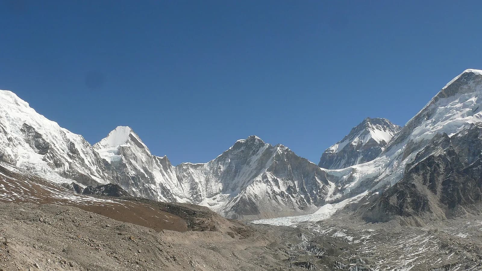 The Khumbu Glacier in Nepal's Everest region, a river of debris-covered ice winding between high peaks