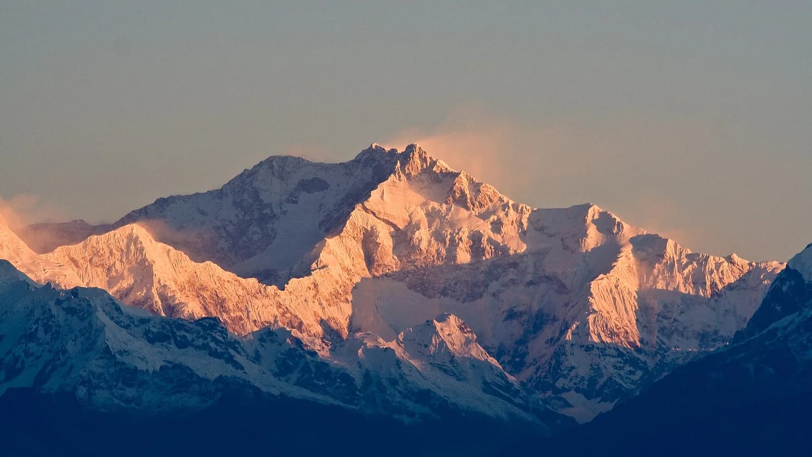 Mount Kanchenjunga, the world's third-highest peak, rising above ridgelines in eastern Nepal