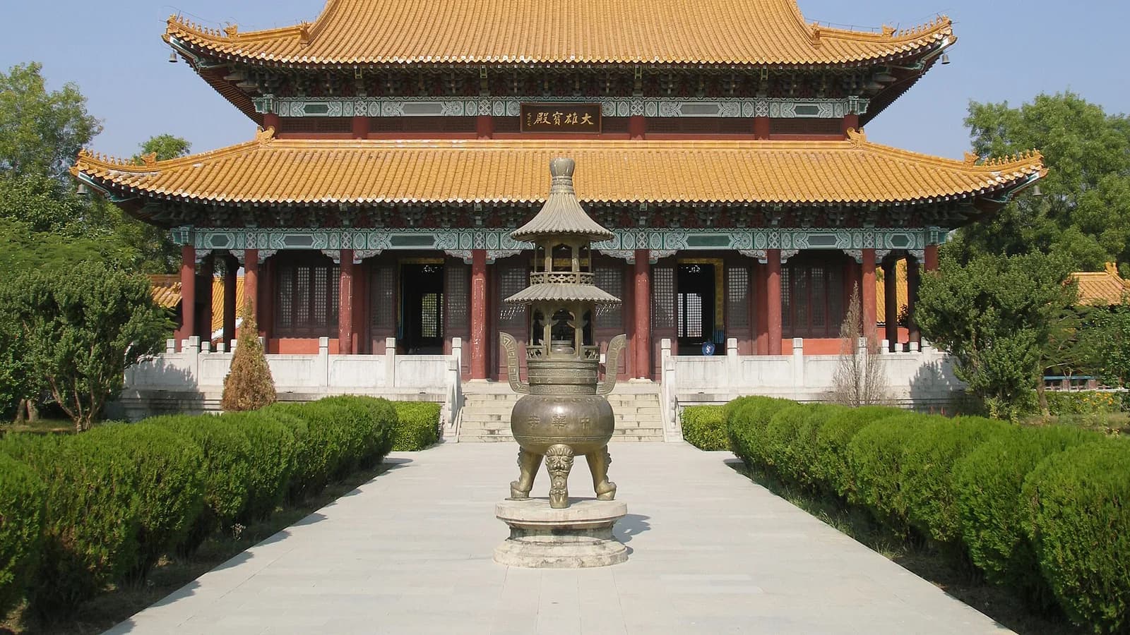 The white Maya Devi Temple building at Lumbini