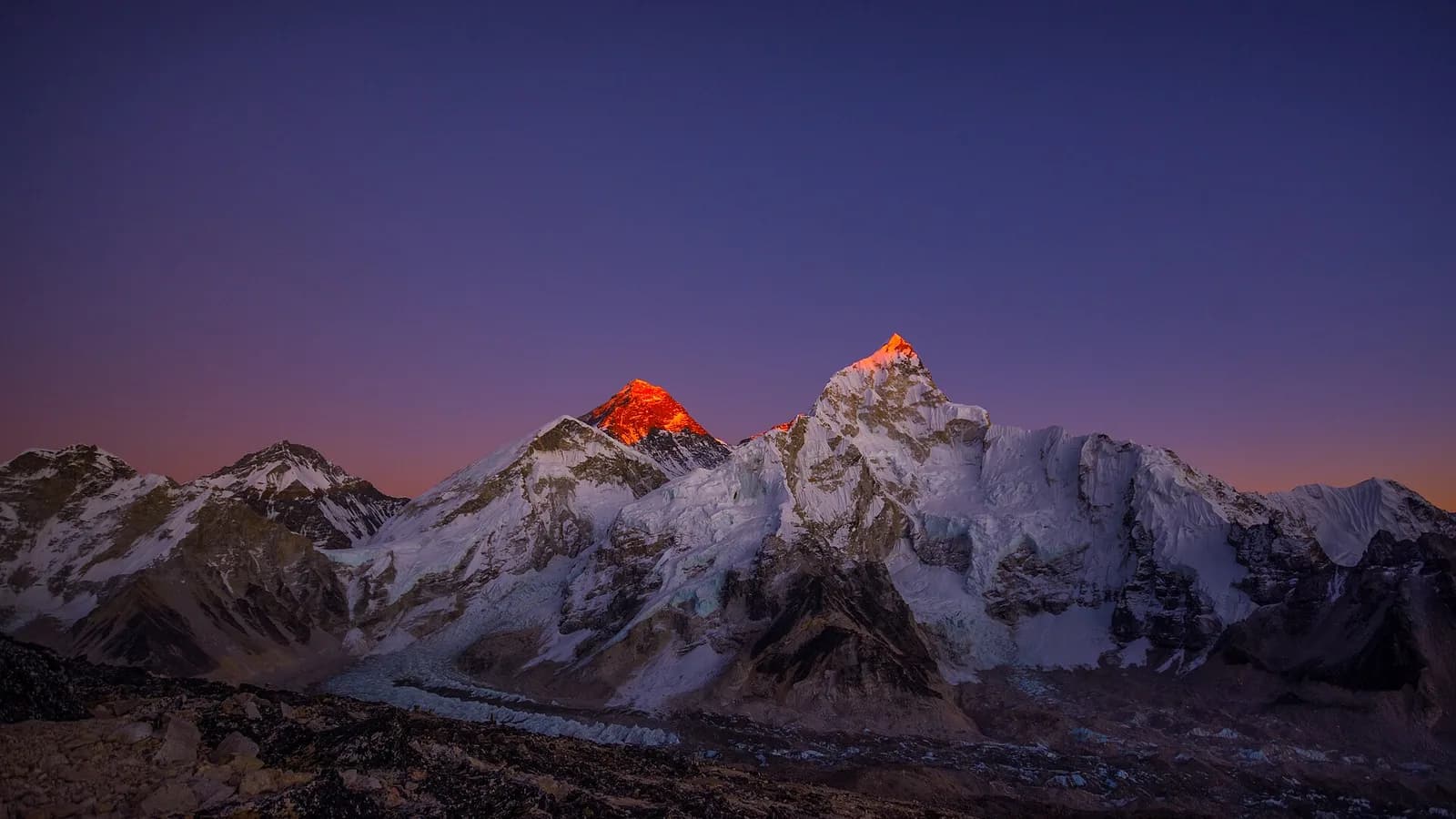 Snow-covered Himalayan peaks seen from above, the range that includes Mount Everest
