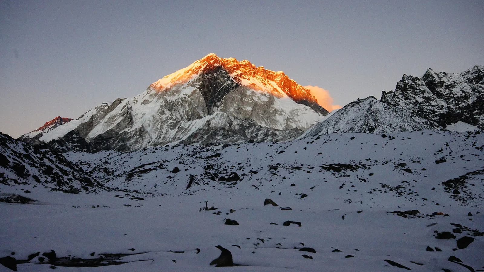 Snow-capped Himalayan peaks under a clear sky, the high-altitude terrain climbers cross on the way to the summit of Everest