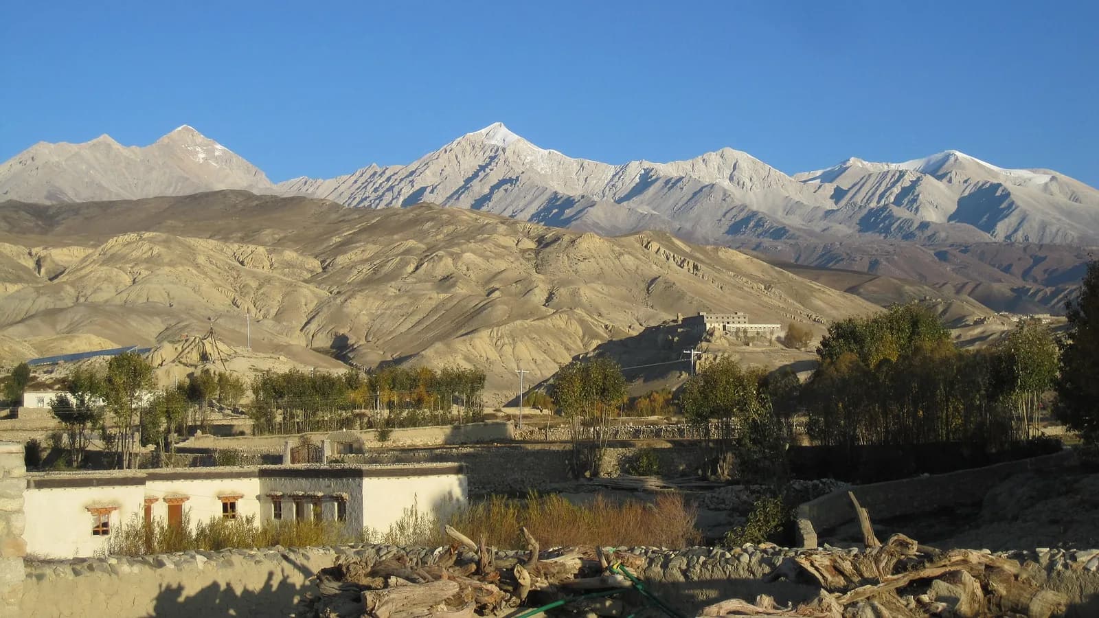 The walled medieval city of Lo Manthang in Upper Mustang, capital of the old Kingdom of Lo, set against bare desert hills.