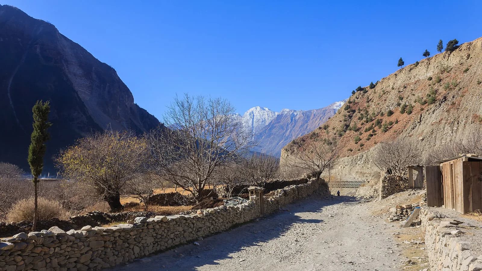 The Kali Gandaki valley near Tukche in Mustang, with Dhaulagiri rising above the riding route through Nepal