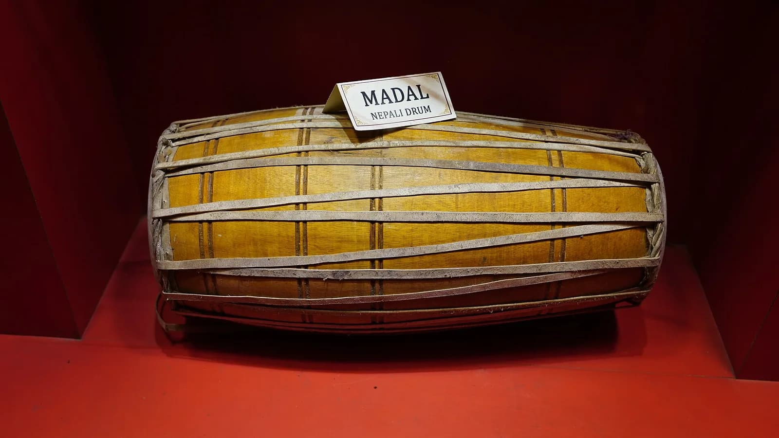 A madal, the two-headed hand drum that anchors most Nepali folk music