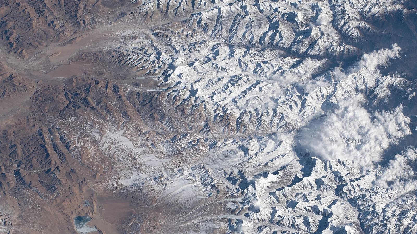 Aerial view of the high Tibetan plateau and river valleys near Tingri, on the overland route between Tibet and Nepal
