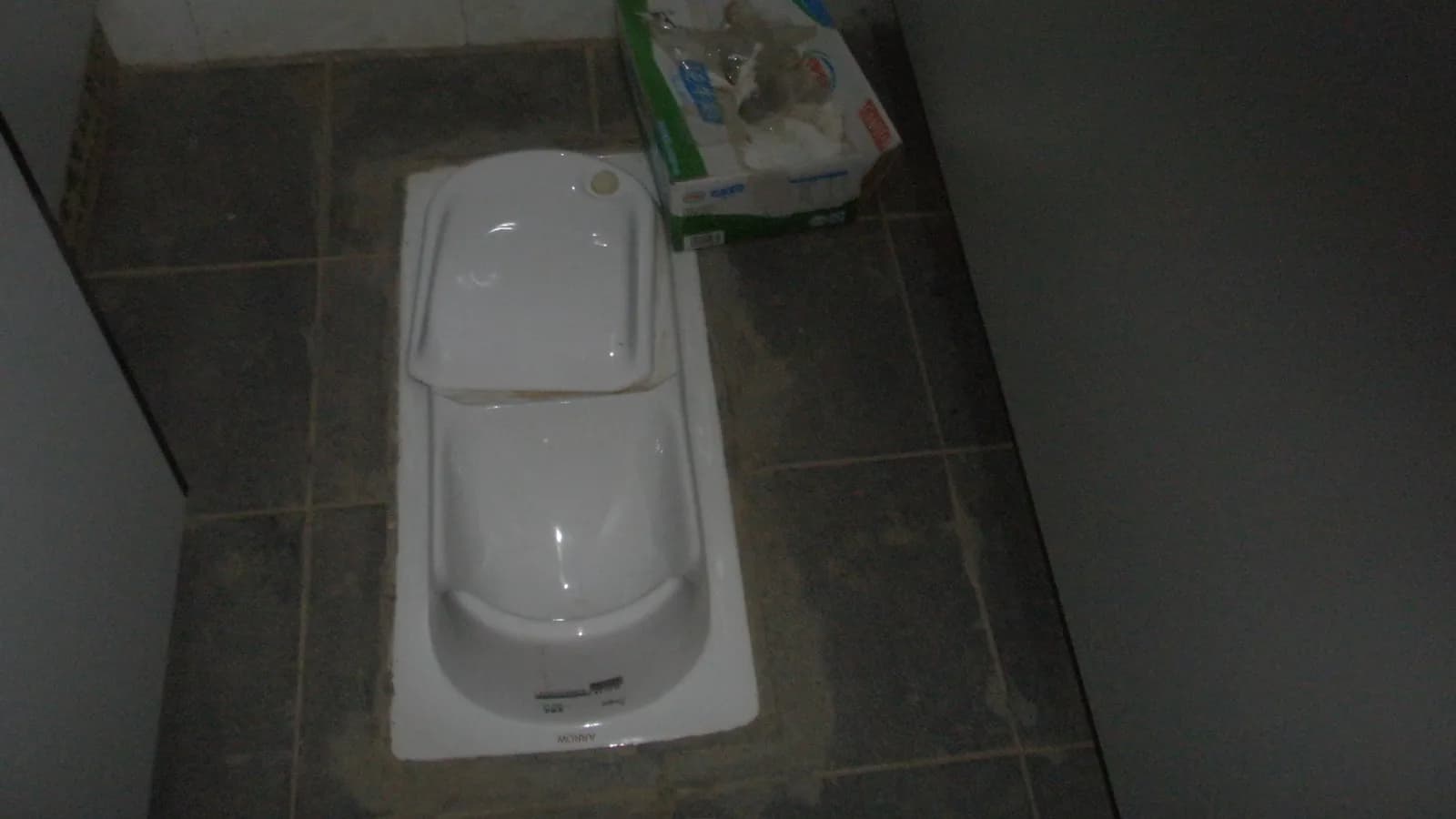 A white ceramic squat toilet pan set into a tiled floor with raised foot platforms on each side