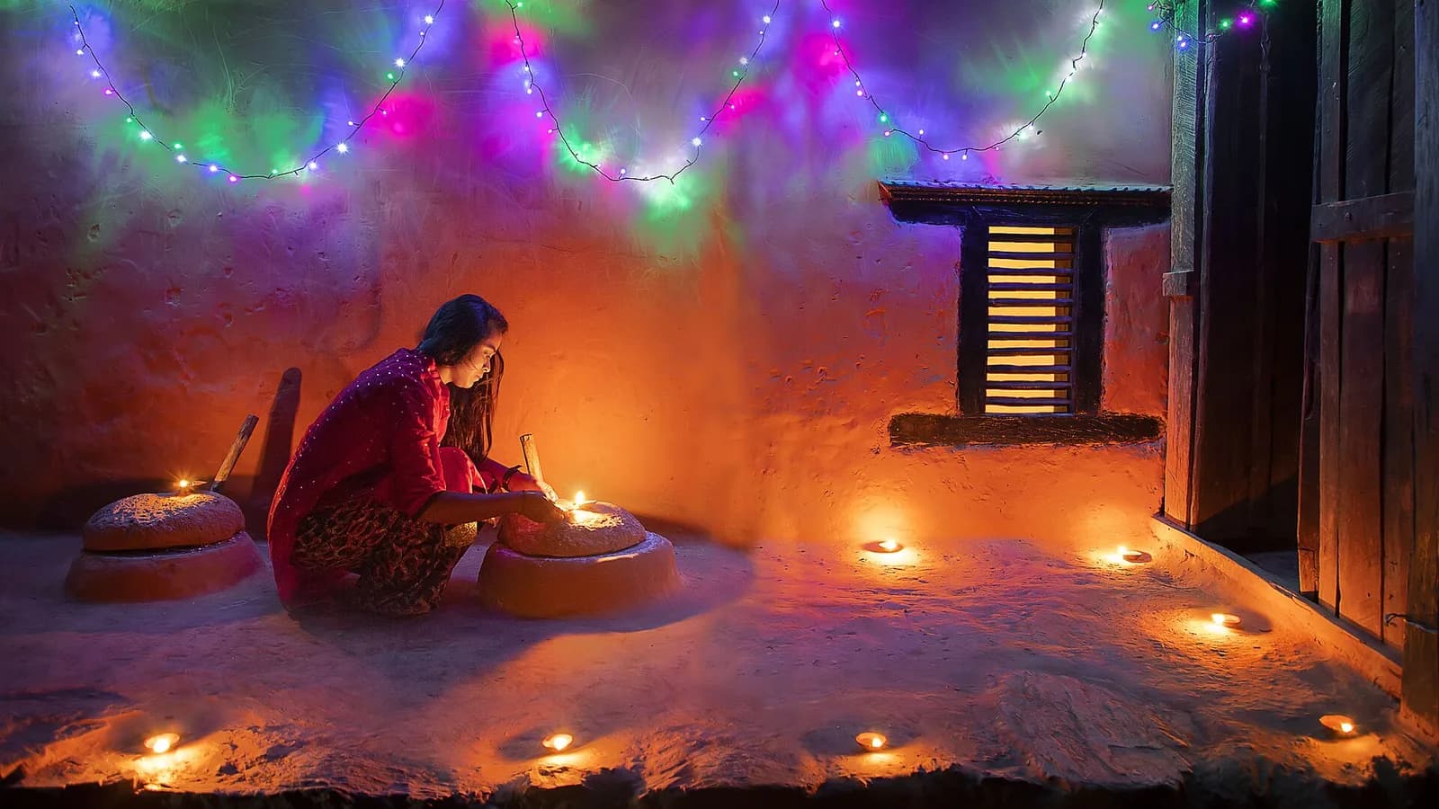 Rows of small clay oil lamps of the kind lit in Nepali homes during the Tihar festival of lights