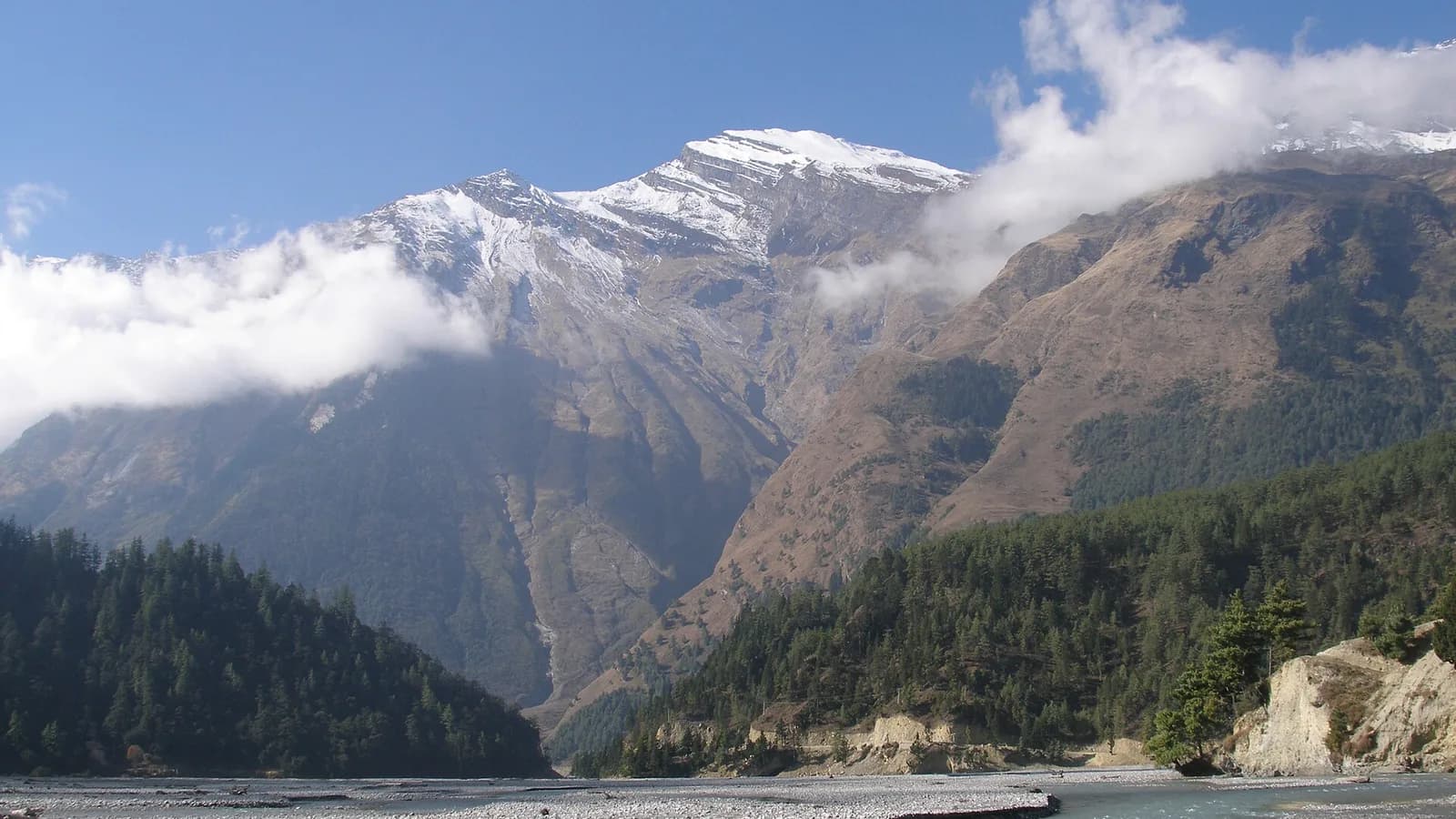 Snow-capped Himalayan peaks of the Kangchenjunga range under a clear sky